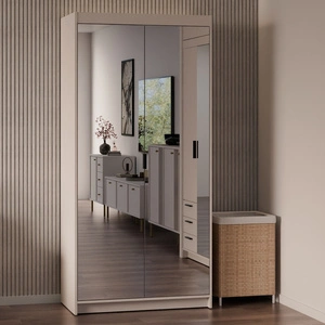 Kleiderschrank Rene 90 cm beige sand stilvolles Design schlichte Form idealer Kleiderschrank mit Spiegel für Schlafzimmer oder Flur ABS beendet Kanten