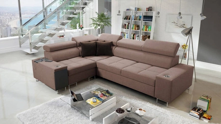 Ecksofa mit Schlaffunktion Dafni II hellbraunes, links geflochtenes Ecksofa mit Bettzeugschublade in der Seite des Möbels