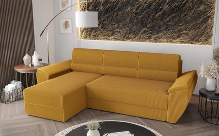 Ecksofa mit Schlaffunktion Fogu II Honig-Gelb left stilvolles Ecksofa mit bequemen Armlehnen und einem Bettzeugbehälter
