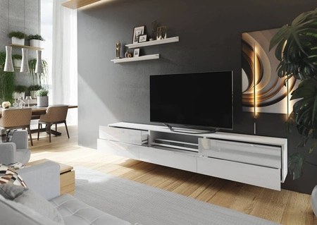 TV-Hängeschrank Lutra 258 cm weiß / weiß glänzend mit Einlegeböden stilvoller Design-TV-Schrank mit Hochglanzfronten