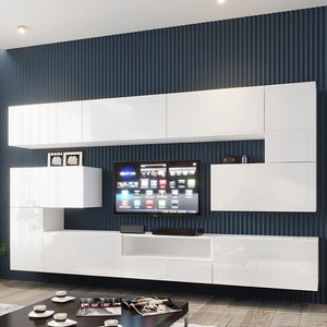 Möbelwand Selasia weiß / weiß glänzend stilvolle grifflose Designmöbel für Wohnzimmer oder Dielenbereich