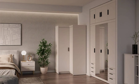 Eckkleiderschrank Rene beige sand stilvolles Design ABS Einfassung Schlafzimmer Schrankfronten in matt schwarzer Ausführung Griffe