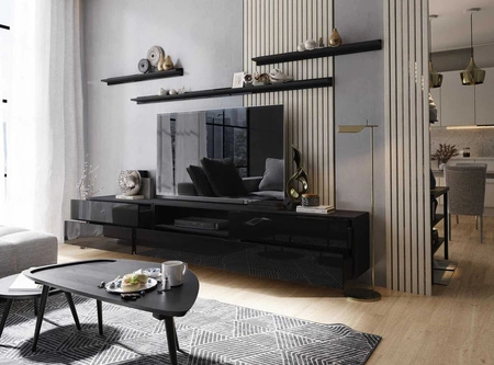 TV-Schrank Plomari 258 cm schwarz / schwarz glänzend mit Regalen minimalistisches Design in einer modernen Anordnung geräumige Schubladen