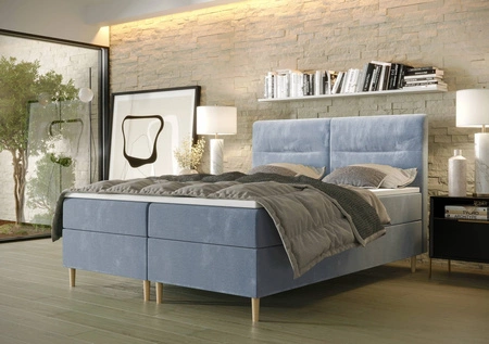 Boxspringbett Voltera 160x200 hellblau moderner skandinavischer Stil mit charakteristischem Kopfteil