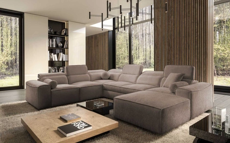 Ecksofa mit Schlaffunktion Viano VIII hellbraun rechts modernes Ecksofa mit interessantem Design Container für Bettzeug