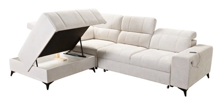 Ecksofa mit Schlaffunktion Penejos VII beige linke Seite stilvolles Ecksofa mit Bettzeugablage komfortable verstellbare Kopfstützen