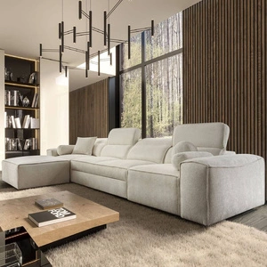 Ecksofa mit Schlaffunktion Viano XII creme links stilvolles Ecksofa mit interessanter Form verstellbare Kopfstützen Zierkissen