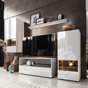 Die universelle und stilvolle Wohnwand Olimpia weiß/weiß glänzend - schlichte Elemente, die sich in jedes Interieur einfügen