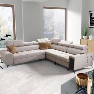 Ecksofa mit Schlaffunktion Bolmso III beige rechtsseitiges Ecksofa mit Bettzeugcontainer Vollauszug in der Seite des Möbels