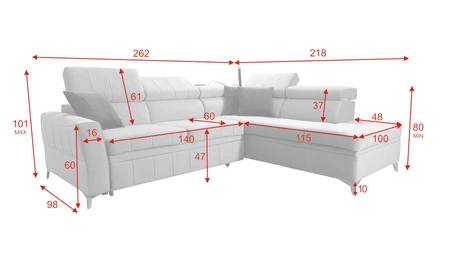 Ecksofa mit Schlaffunktion Rava III grau Esche rechts Samt komfortables Ecksofa mit verstellbaren Kopfstützen und Bettzeugbehälter