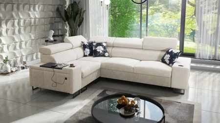 Schlafsofa Flavio II hellbeige/beige links komfortable Eckschlafcouch offene Bar in der Seite der Möbel