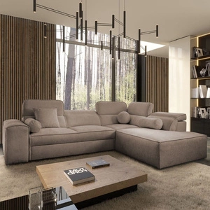 Ecksofa mit Schlaffunktion Viano VII hellbraun rechte Ecke trendy und stilvoll mit verstellbaren Kopfstützen Zierkissen