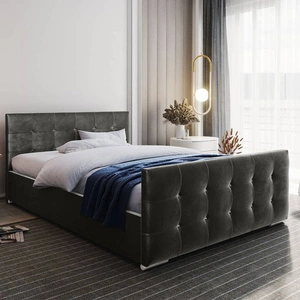 Polsterbett Alford 160x200 grau mit Container im modernen skandinavischen Stil mit gestepptem Kopf- und Fußteil mit Kristallen besetzt