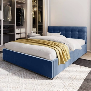 Polsterbett Montigo 140x200 blau mit Container im modernen skandinavischen Stil mit gestepptem Kopfteil