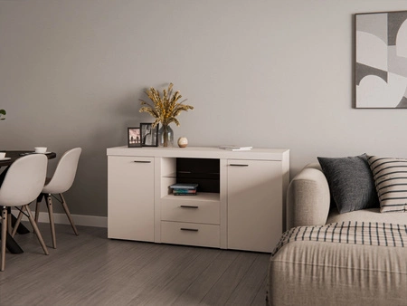 Kommode Rene 156 cm sandbeige elegante und vielseitige Kommode Stil für Wohnzimmer geschmackvolle schwarze Griffe