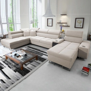 Ecksofa mit Schlaffunktion Dafni V hellbeige Rechtshänder-Ecksofa aus Samt mit verstellbaren Kopfstützen