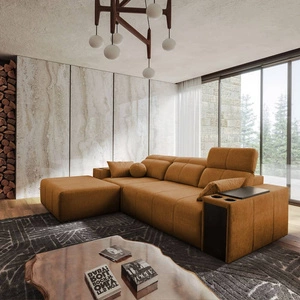 Ecksofa mit Schlaffunktion Tesalia Honig links modernes Design komfortable Schiebelehne Schublade in der Seite des Möbels