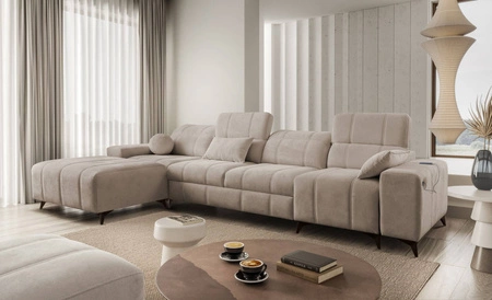 Ecksofa mit Schlaffunktion Penejos XII dunkelbeige linke Seite stilvolles Ecksofa mit Bettzeugcontainer komfortable verstellbare Kopfstützen