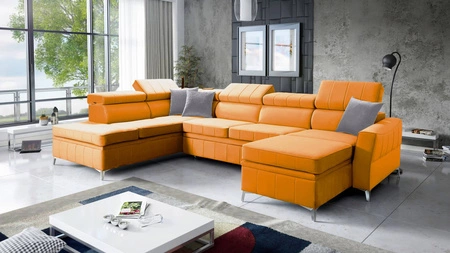 Ecksofa mit Schlaffunktion Rava VI gelb rechts praktisches und modernes Ecksofa mit einer Multifunktionslampe ausgestattet