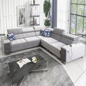 Ecksofa mit Schlaffunktion Hampton III grau Esche rechts bequemes Ecksofa aus glattem und weichem Samtstoff