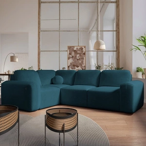 Ecksofa mit Schlaffunktion Arbon II türkis linke Ecke stilvolles Design markante runde Form Behälter für Bettzeug