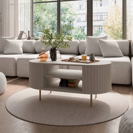 Couchtisch Ovalio beige Designer ovale Konstruktion dekorative Frästisch auf stabilen Metallbeinen gesetzt