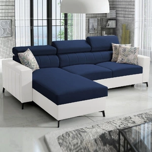 Ecksofa mit Schlaffunktion Savona blau / weiß links elegantes Ecksofa mit verstellbaren Kopfstützen Ziernähte