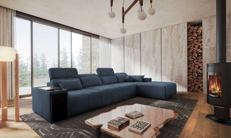 Ecksofa mit Schlaffunktion Tesalia XII blau rechte Ecke modernes Design komfortable Schiebelehne Schublade in der Seite des Möbels