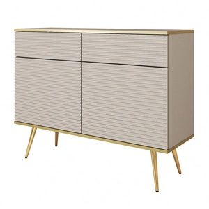 Kommode Luxury 107 cm beige stilvolle Kommode mit kannelierten Fronten Korpus mit goldener Zierleiste goldene Metallbeine gekrönt