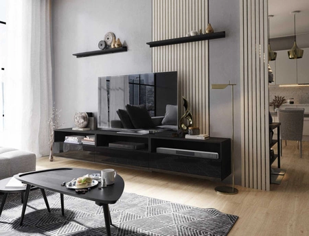 Kaires 258 cm schwarz / schwarz glänzend wandmontierter RTV-Schrank mit Einlegeböden elegantes und stilvolles Design, das zu jeder Einrichtung passt