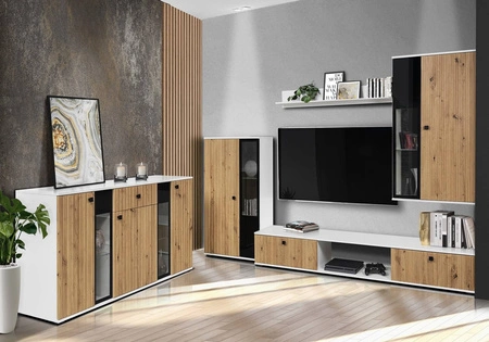 Schubladenkommode Senja 140 cm weiß / Eiche handwerklich elegantes Design dekorative kannelierte Front mit Metallgriff