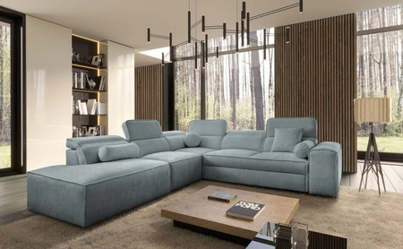 Ecksofa mit Schlaffunktion Viano IX grau blau links stilvolles Ecksofa mit Bettzeugcontainer ideales Möbelstück für ein großes Wohnzimmer