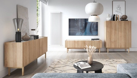 TV-Schrank Boho 144 cm Eiche Riviera / Marmorbianco Außergewöhnliches Design dekorative Marmorböden universelle Farbkombination