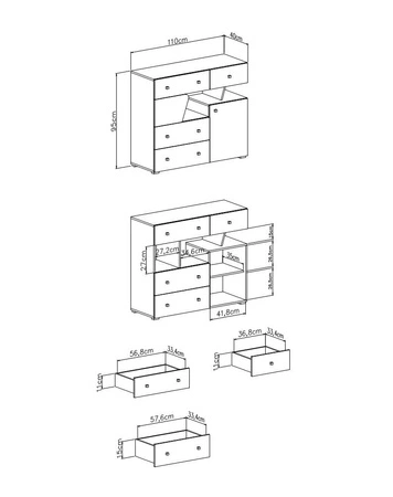 Kommode mit Schubladen Dzeta 110 cm Eiche / Anthrazit ideal für das Jugendzimmer funktionell und geräumig