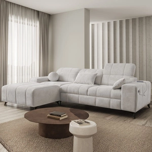 Ecksofa mit Schlaffunktion Penejos grau Esche links elegantes Ecksofa mit Bettzeugablage bequem verstellbare Kopfstützen