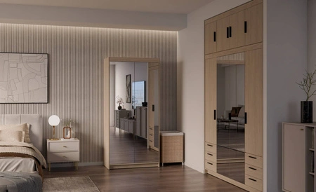 Kleiderschrank Rene 90 cm Eiche geölt stilvolles Design schlichte Form idealer Kleiderschrank mit Spiegel für Schlafzimmer oder Flur ABS bearbeitete Kanten