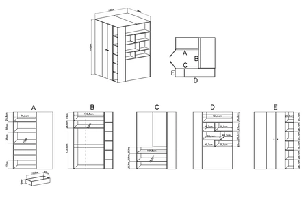 Eck-Kleiderschrank Epsilon Beton / Weiß / Eiche ideal als Nutz- und geräumiger Kleiderschrank mit Schubladen und Einlegeböden