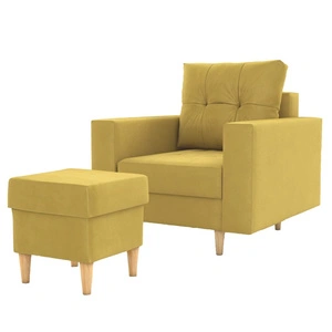 Sessel mit Fußstütze Vaso Senfgelb bequemer Sessel für Wohnzimmer im skandinavischen Stil weicher Sitz hohe Holzbeine