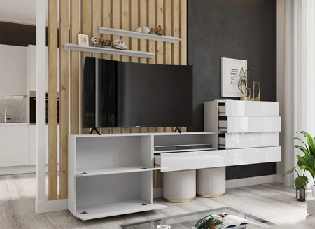 Möbelwand Agria weiß / weiß glänzend ungewöhnliches Design praktische Lösung ideal für jedes Wohnzimmer optisch vergrößert den Innenraum