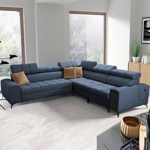 Ecksofa mit Schlaffunktion Bolmso III blau rechtsseitiges Ecksofa mit Bettzeugcontainer Vollauszug in der Seite des Möbels