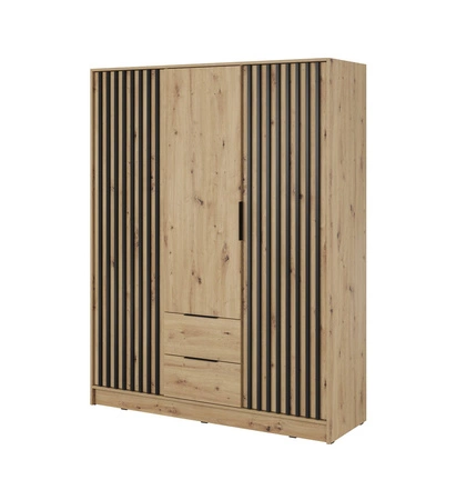 Kleiderschrank Aspen 155 cm Eiche Artisan / Schwarze Lamellen modernes Design Schranktüren mit dekorativen Lamellen
