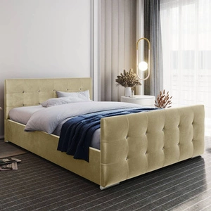 Polsterbett Alford 140x200 beige mit Container im modernen skandinavischen Stil mit gestepptem Kopfteil und Fußteil mit Kristallen