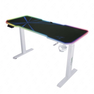 E-Talisman Gaming-Schreibtisch weiß / blau höhenverstellbare Platte vollständig mit Pad mit LED-Beleuchtung abgedeckt