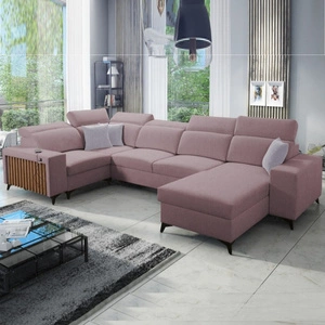 Ecksofa mit Schlaffunktion Kelly IV lavendel rosa rechtsseitig geflochtenes bequemes Ecksofa verstellbare Kopfstützen seitlich mit Latten verkleidet