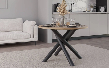 Runder Tisch Lyon 110 cm Eiche artisan / schwarzer Designer-Esstisch auf Metallspinnenbeinen höhenverstellbar