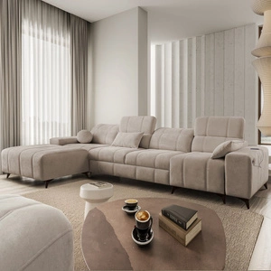 Ecksofa mit Schlaffunktion Penejos XII dunkelbeige linke Seite stilvolles Ecksofa mit Bettzeugcontainer komfortable verstellbare Kopfstützen