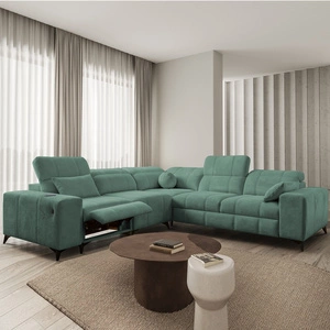 Ecksofa mit Schlaffunktion Penejos III Lux grün linksseitiges Komfort-Ecksofa für das Wohnzimmer mit ausziehbarem Fußteil Bettzeug-Container