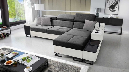 Ecksofa mit Schlaffunktion Alcamo grau/weiß rechts elegantes und stilvolles Ecksofa mit einer ausziehbaren praktischen Schublade an der Seite des Möbels