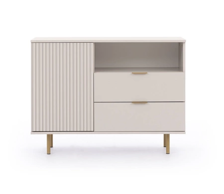 Kommode Sula 107 cm beige elegante und funktionelle Kommode mit dekorativer geriffelter Front, die mit Metallgriffen verziert ist