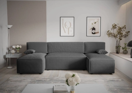 Ecksofa mit Schlaffunktion Brandon U grau Bettzeugablage dreidimensional gestreifter Stoff